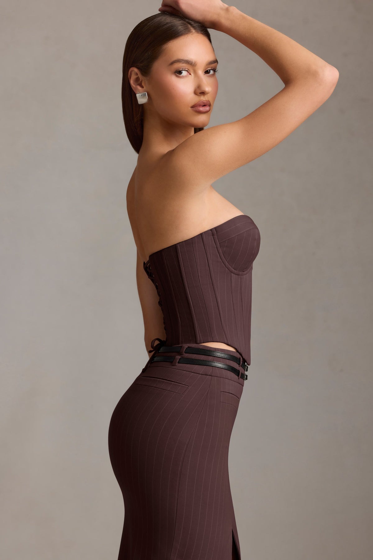 Chic Pinstripe Lace-Up Corset Top in Chocolate Brown
