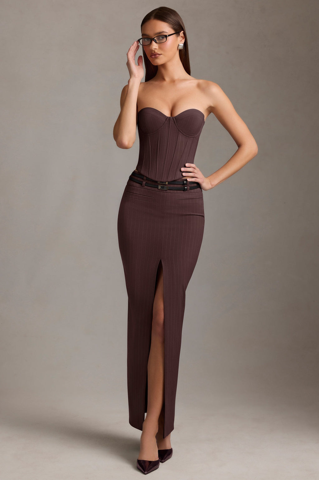 Chic Pinstripe Lace-Up Corset Top in Chocolate Brown