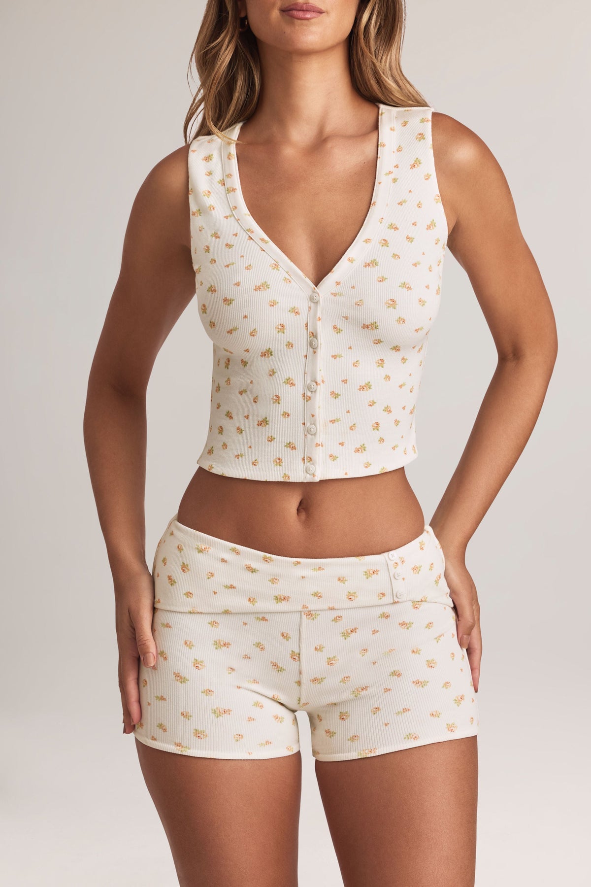 Chic Modal Ribbed Button-Up Vest Top in Floral Print