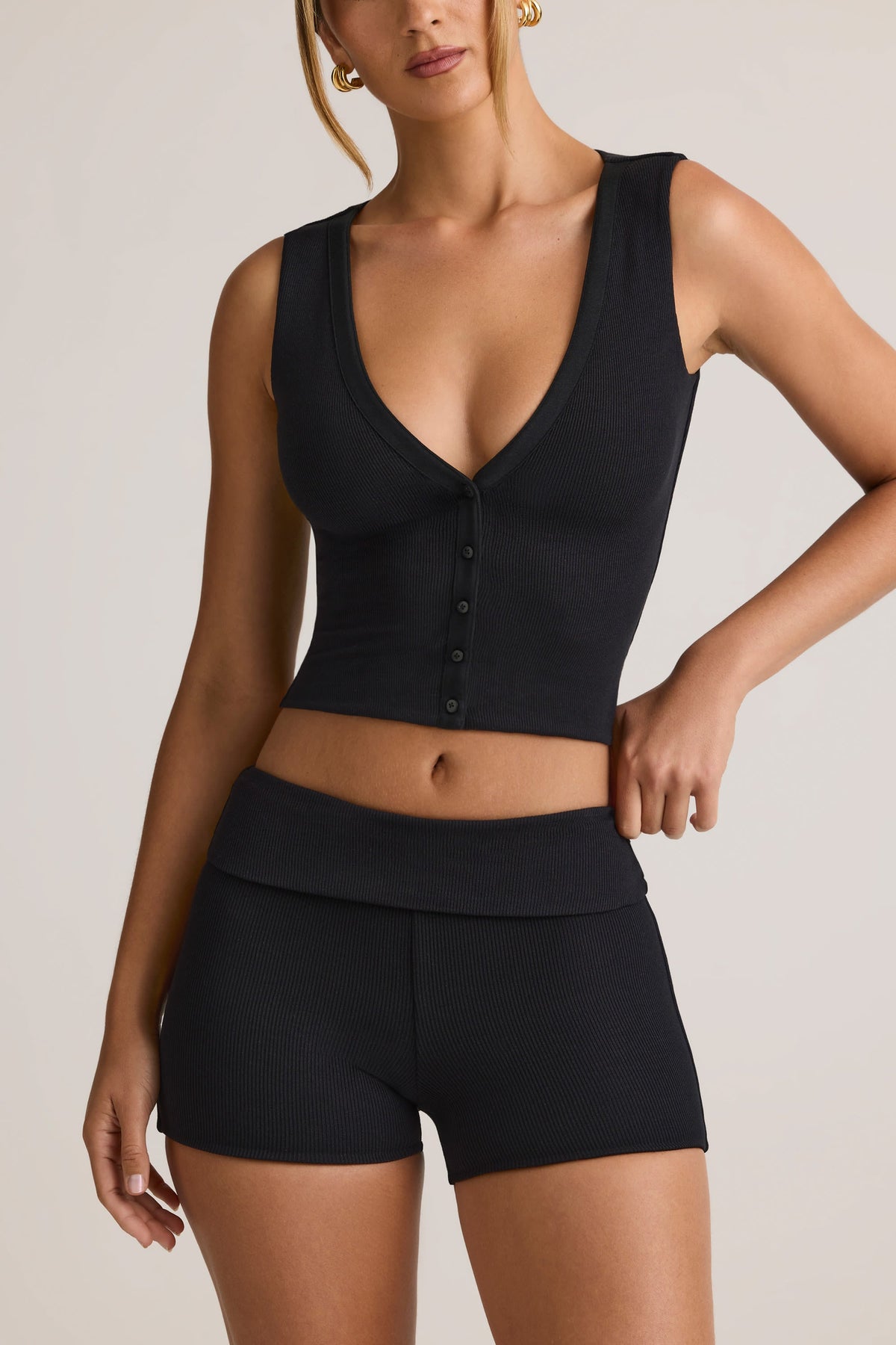 Chic Modal Ribbed Mid-Rise Foldover Shorts in Black