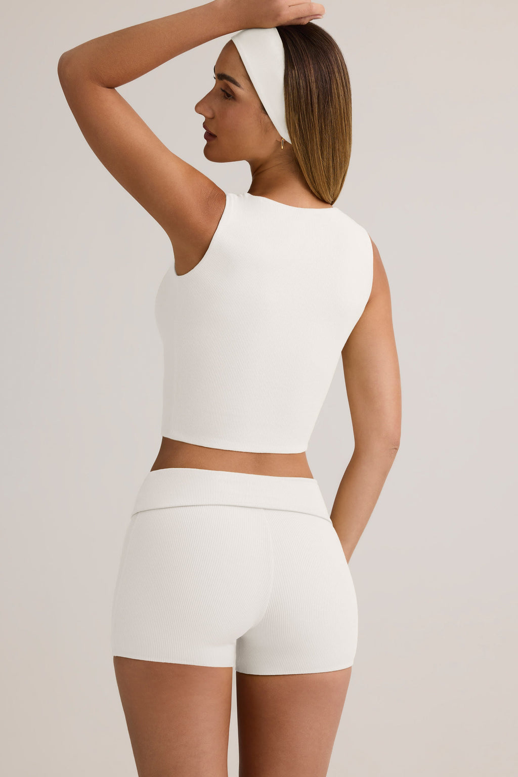 Chic Modal Ribbed Mid-Rise Foldover Shorts in White