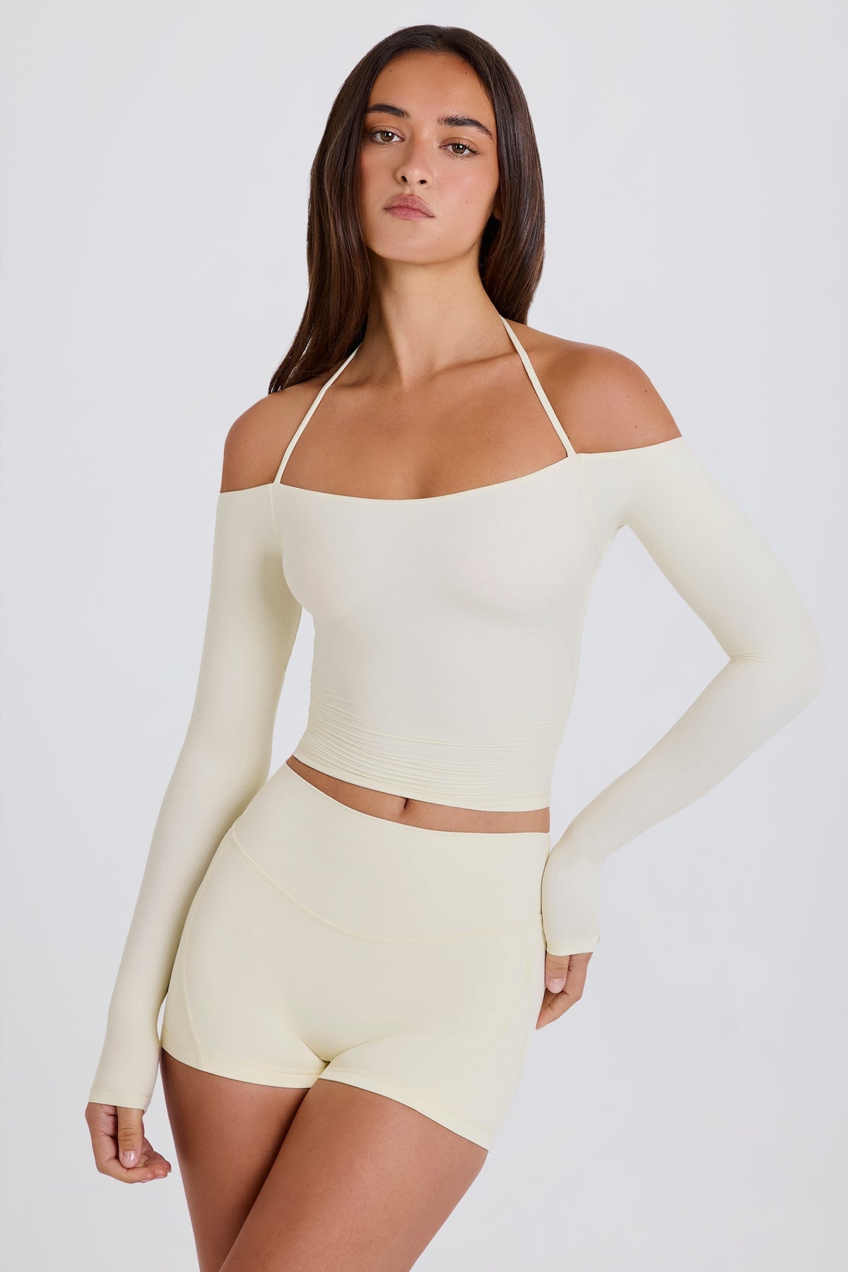 Chic Soft Jersey Off-Shoulder Halterneck Longline Top in Cream