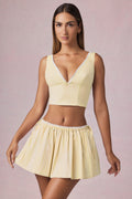 Chic Ruched Drawstring Mini Skirt in Lemon Yellow Stripe