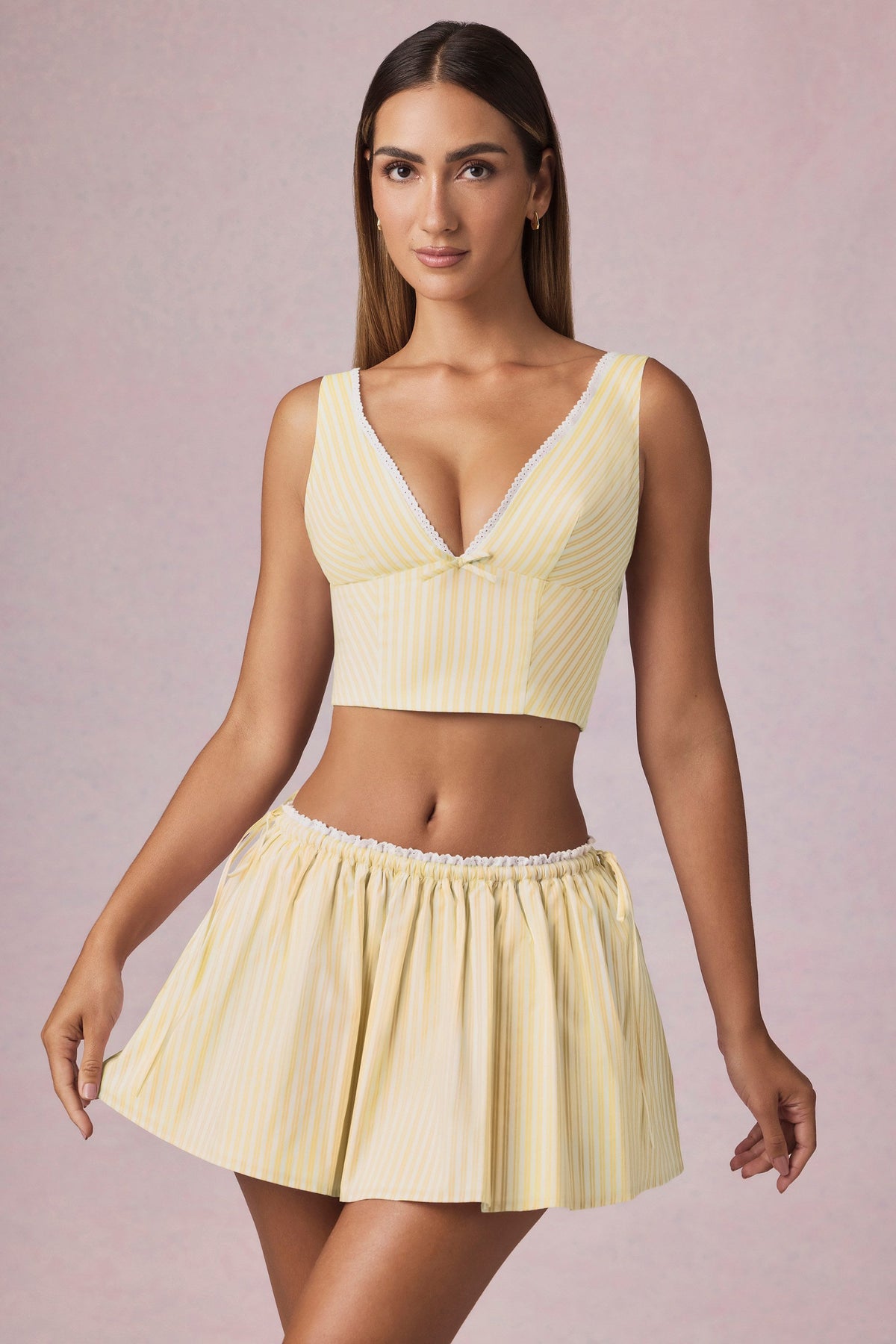 Chic Ruched Drawstring Mini Skirt in Lemon Yellow Stripe
