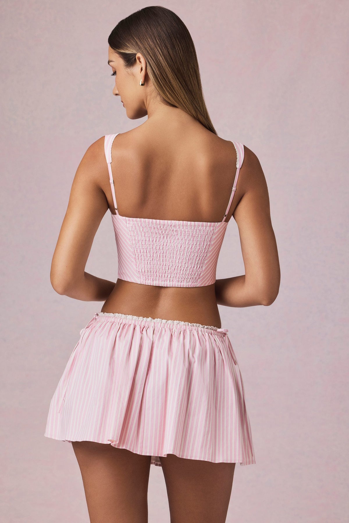 Chic Ruched Drawstring Mini Skirt in Soft Mauve Stripe