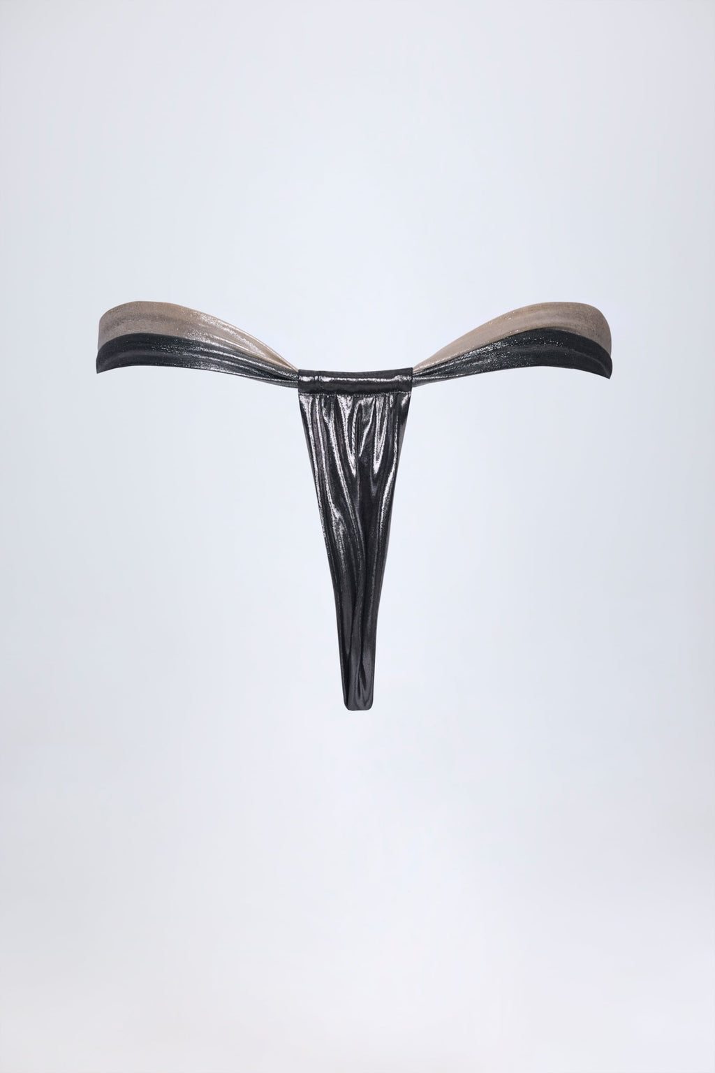 Chic Ruched Thong Bikini Bottoms in Silver Chrome