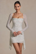 Chic Embellished Draped Cowl-Neck Mini Dress in White