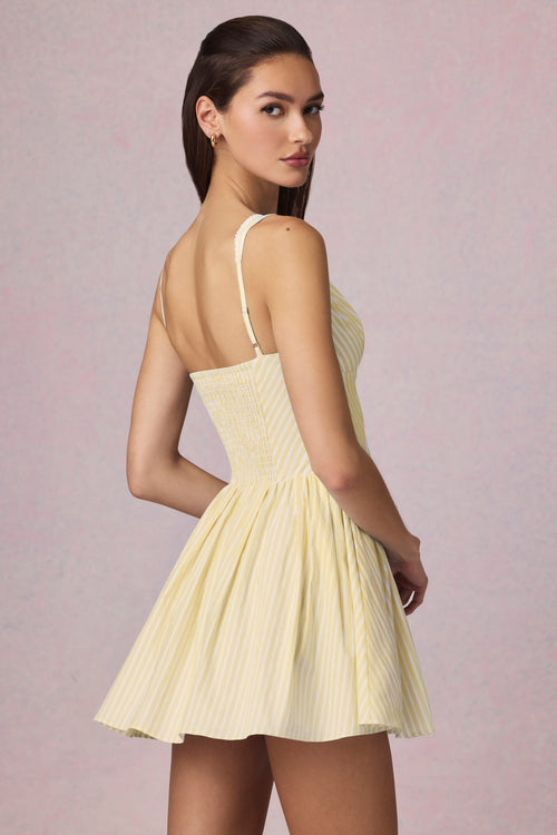 Chic Bow-Detail A-Line Mini Dress in Lemon Yellow Stripe