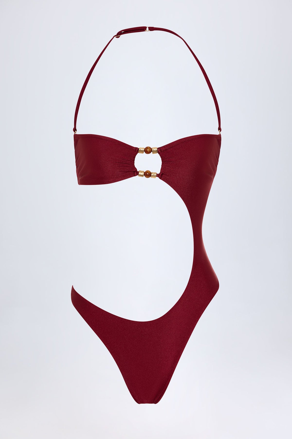 Chic Bead-Embellished Cut-Out Bandeau Swimsuit in Dark Cherry