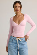 Chic Modal Ruched Long-Sleeve Top in Candyfloss Pink