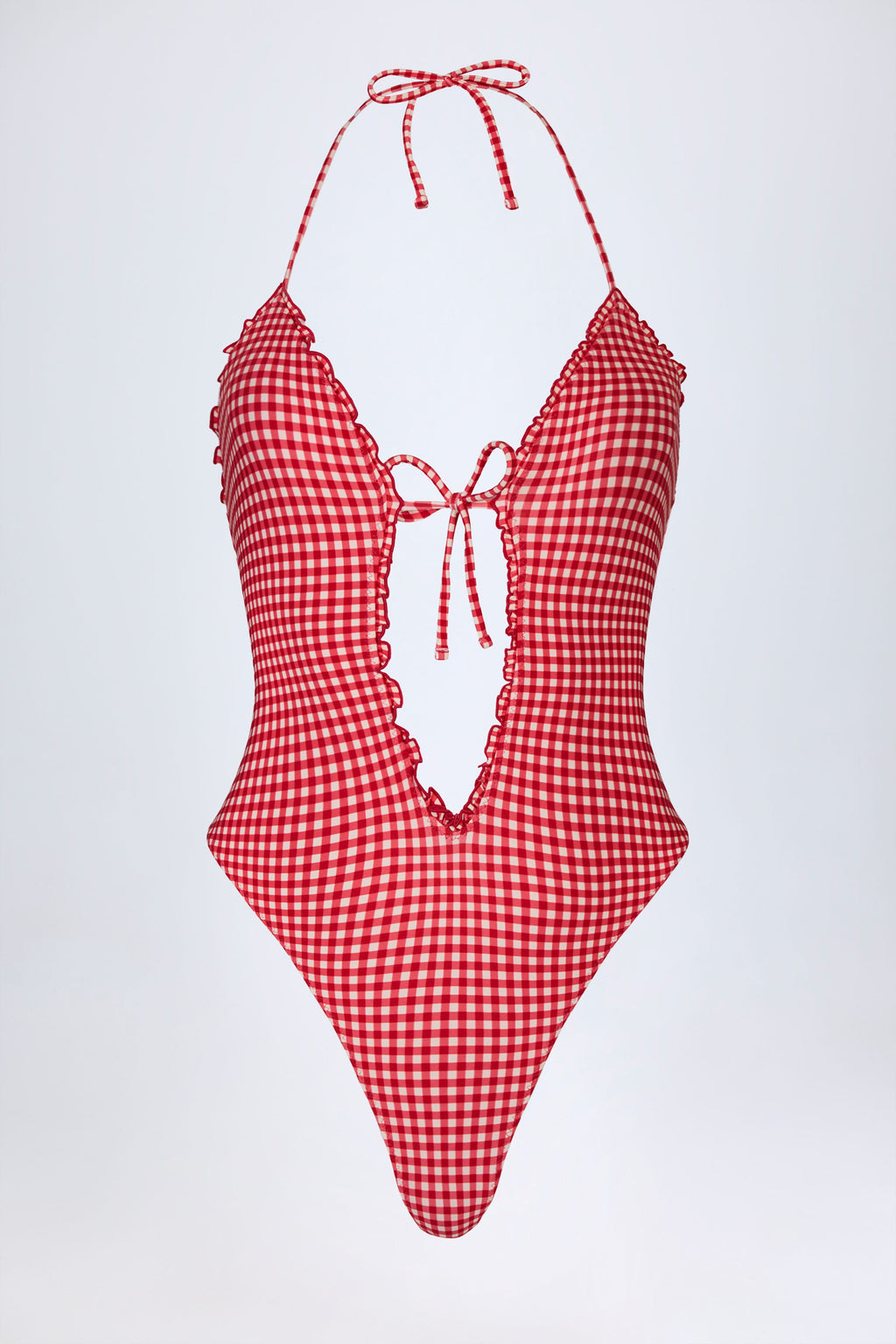 Chic Ruffled Cut-Out Halterneck Swimsuit in Red Gingham