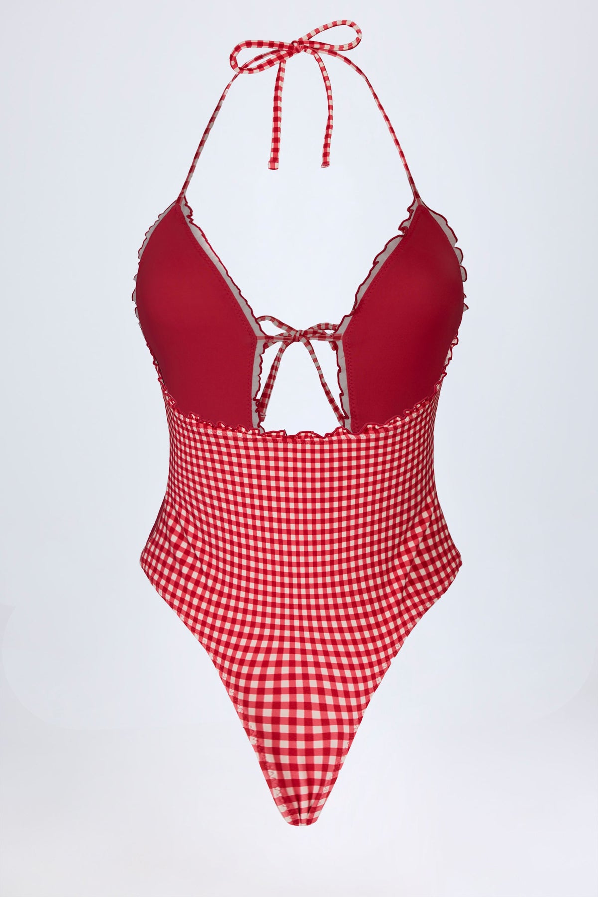 Chic Ruffled Cut-Out Halterneck Swimsuit in Red Gingham