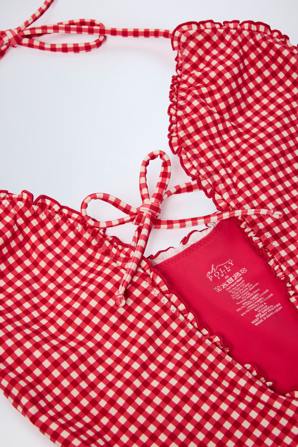 Chic Ruffled Cut-Out Halterneck Swimsuit in Red Gingham