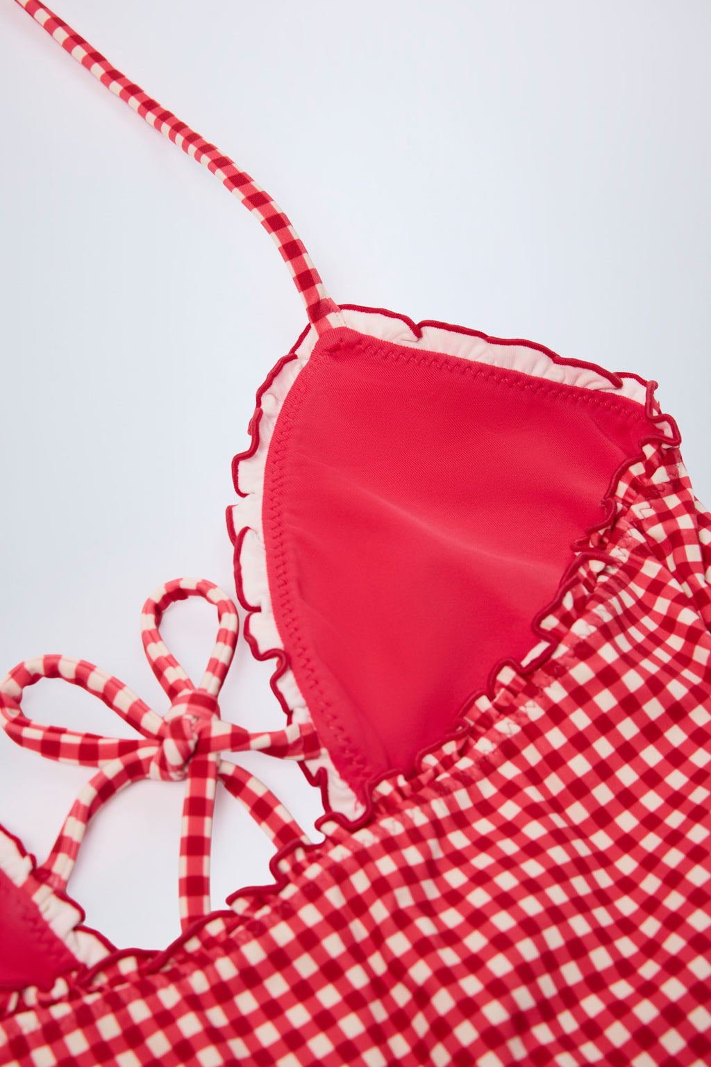 Chic Ruffled Cut-Out Halterneck Swimsuit in Red Gingham