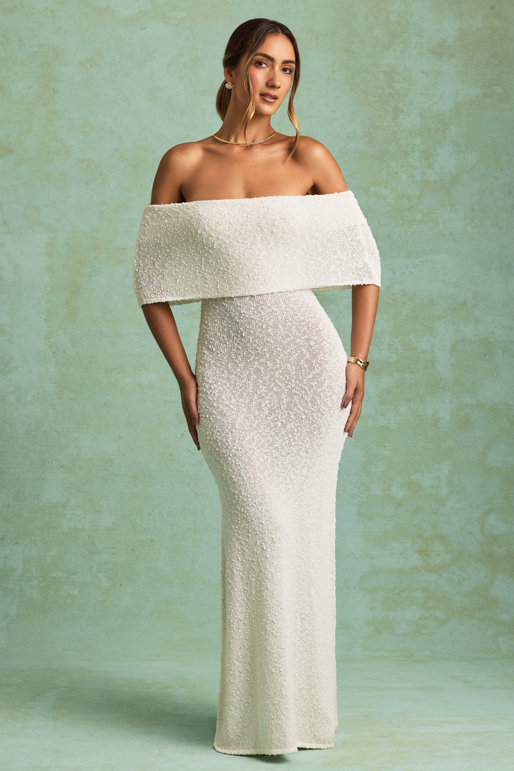 Chic Bouclé Off-Shoulder Maxi Dress in White