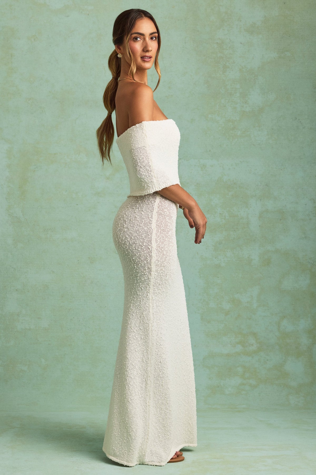Chic Bouclé Off-Shoulder Maxi Dress in White
