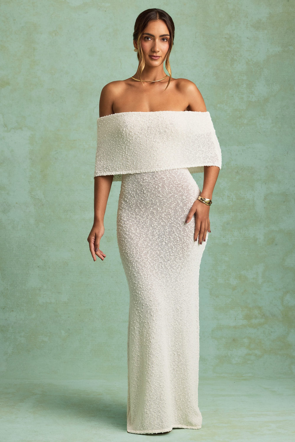 Chic Bouclé Off-Shoulder Maxi Dress in White