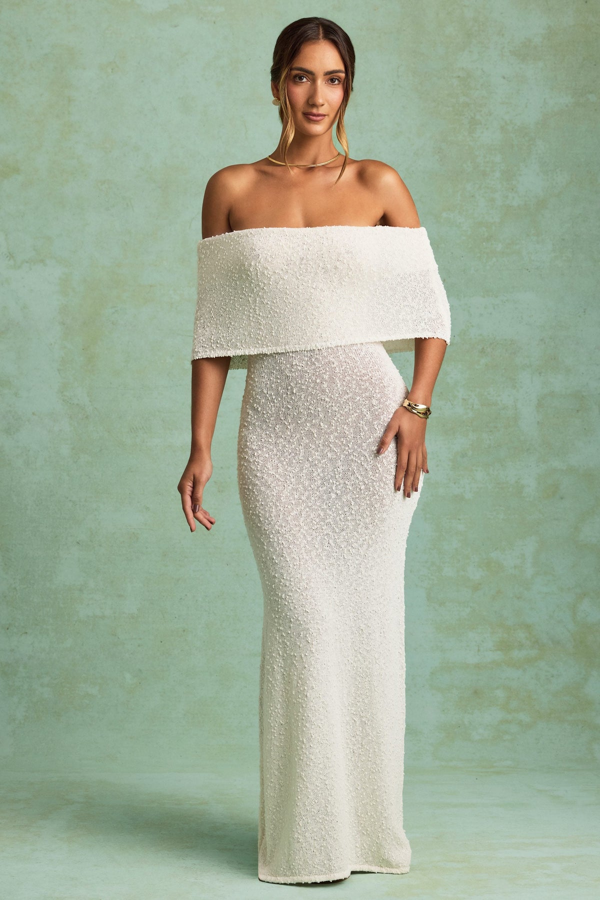 Chic Bouclé Off-Shoulder Maxi Dress in White