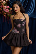 Chic Halterneck Lace-Up Bubble Hem Mini Dress in Black Floral Print