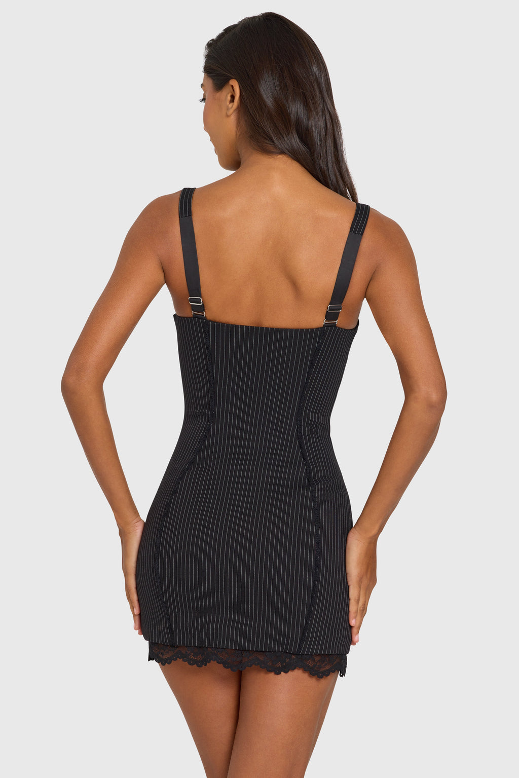 Chic Ponte Lace-Trim Peekaboo Mini Dress in Black Pinstripe