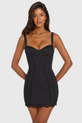 Chic Ponte Lace-Trim Peekaboo Mini Dress in Black Pinstripe