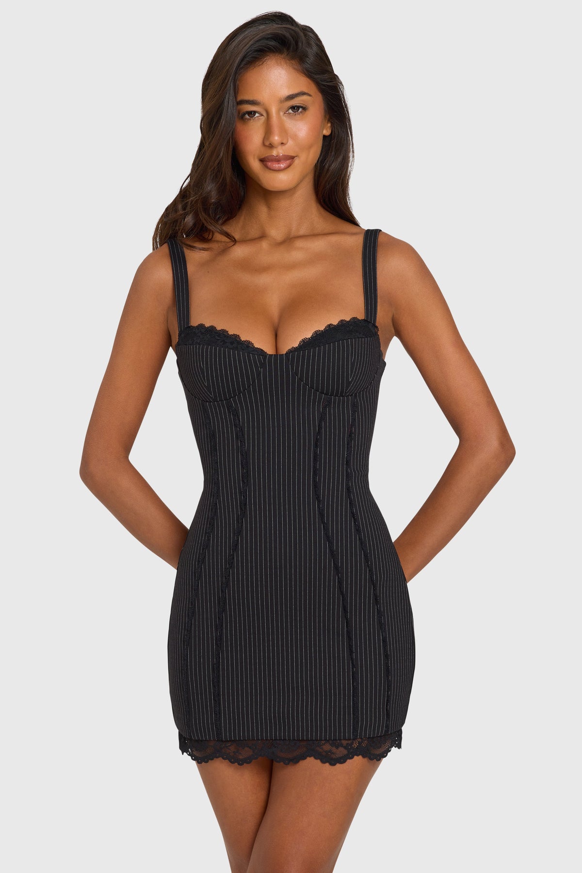 Chic Ponte Lace-Trim Peekaboo Mini Dress in Black Pinstripe