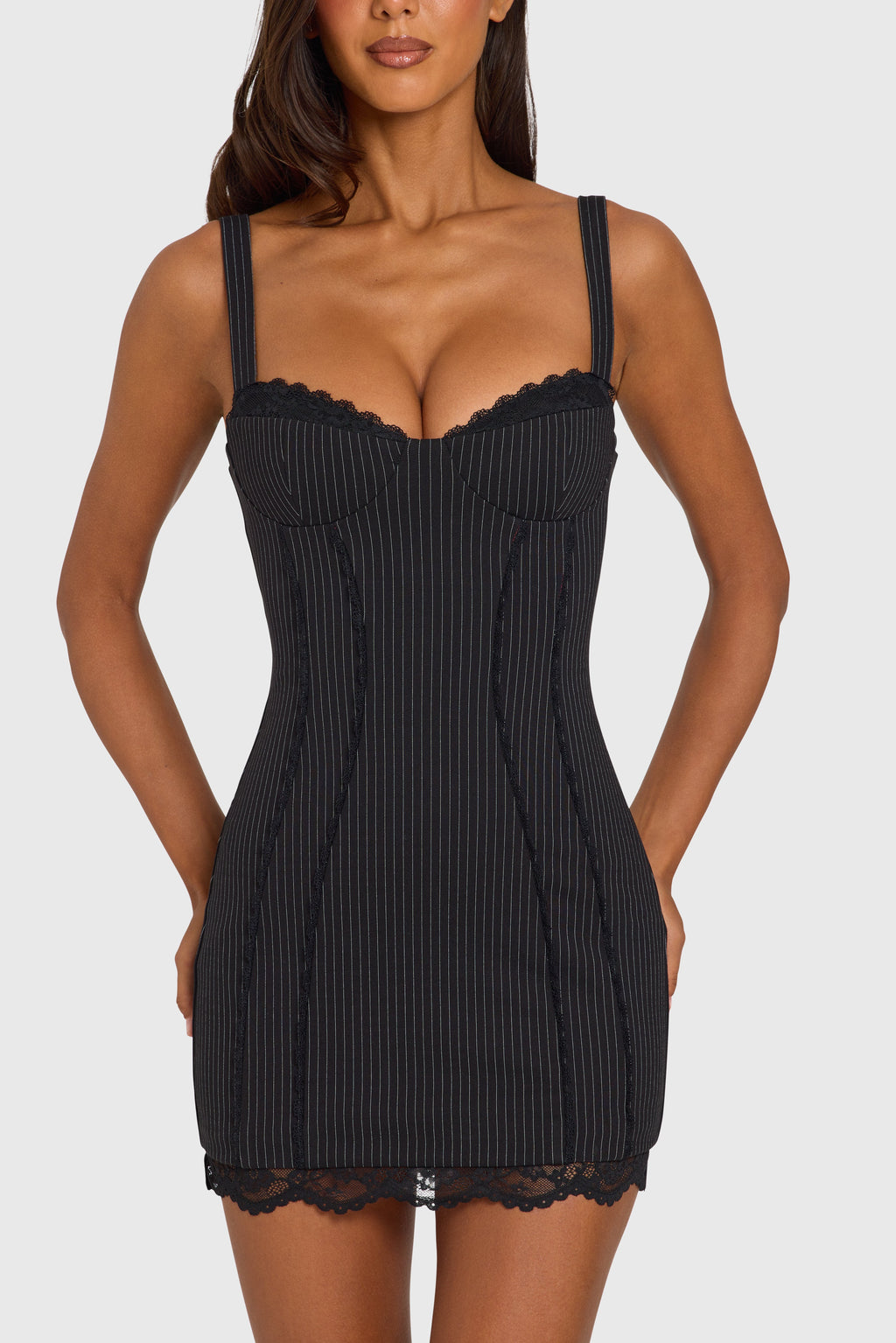 Chic Ponte Lace-Trim Peekaboo Mini Dress in Black Pinstripe