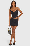 Chic Ponte Lace-Trim Mini Skirt in Black Pinstripe