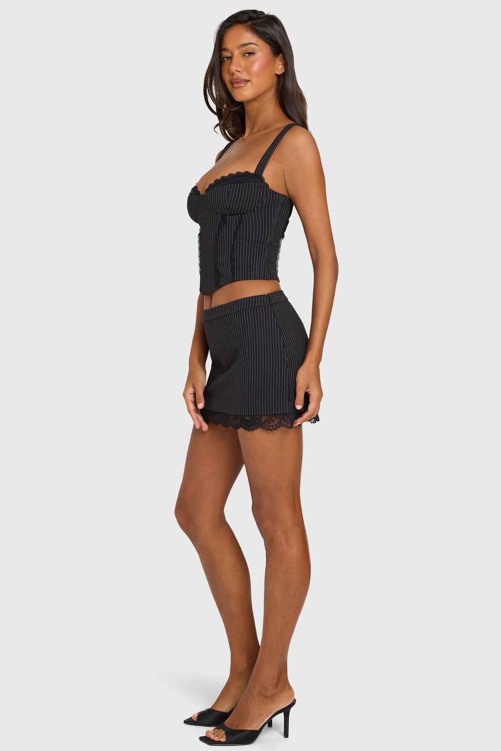 Chic Ponte Lace-Trim Mini Skirt in Black Pinstripe