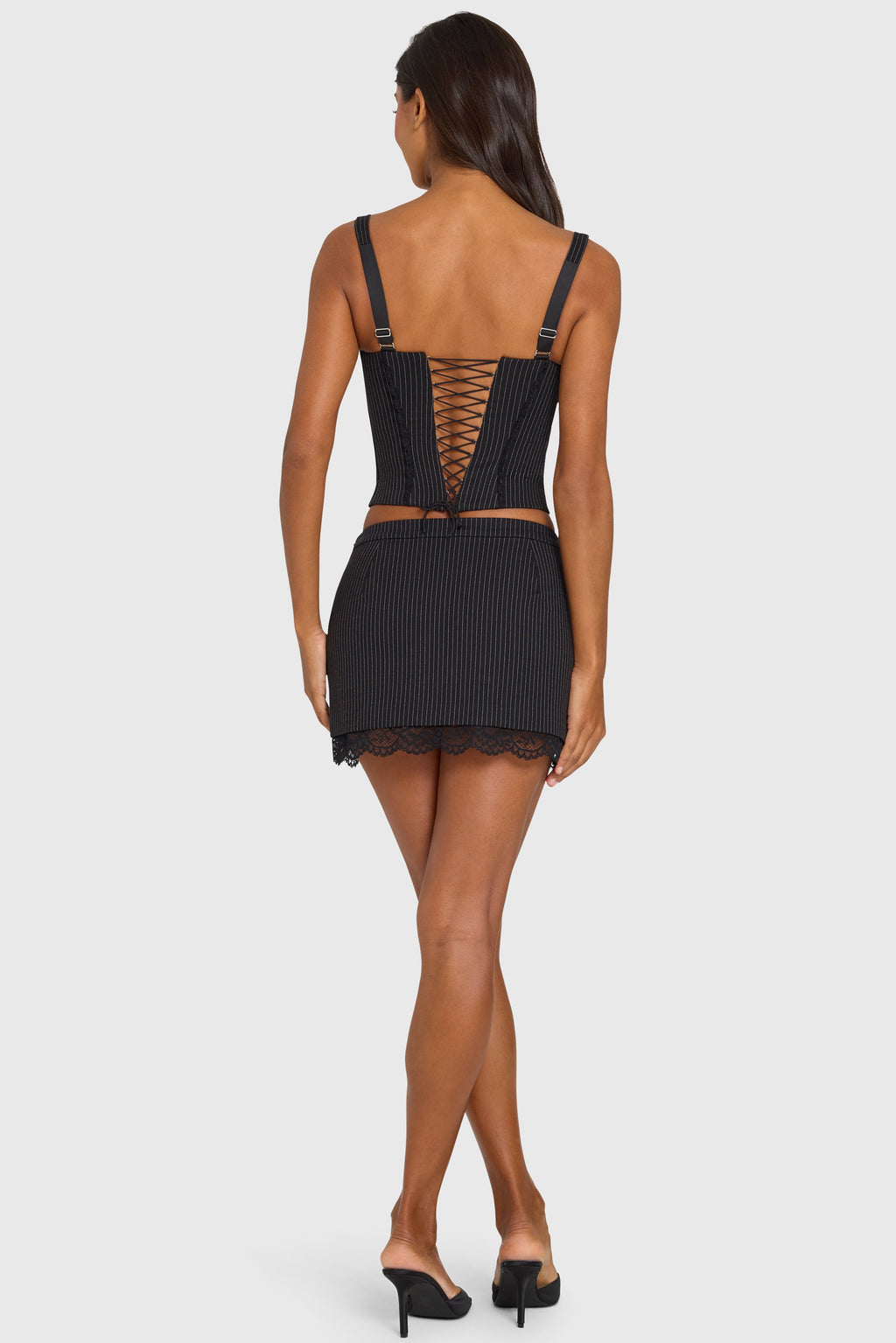 Chic Ponte Lace-Trim Mini Skirt in Black Pinstripe