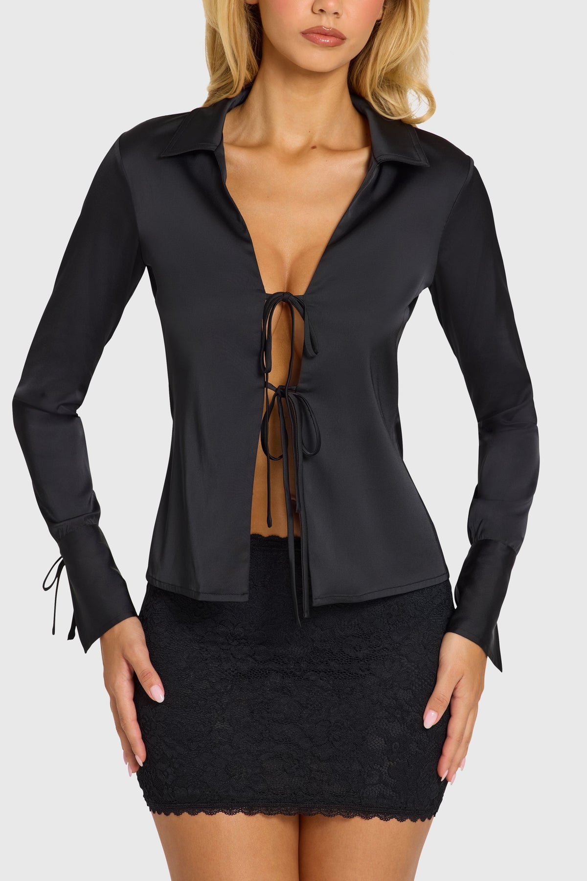Chic Satin Long-Sleeve Shirt in Black