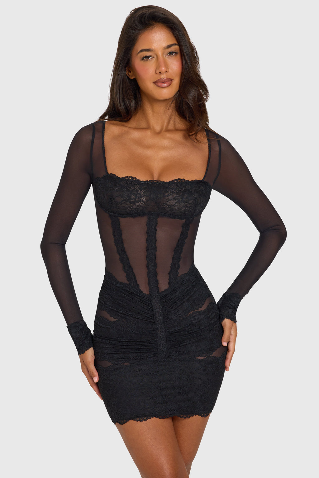 Chic Placed Lace-Trim Long-Sleeve Mini Dress in Black