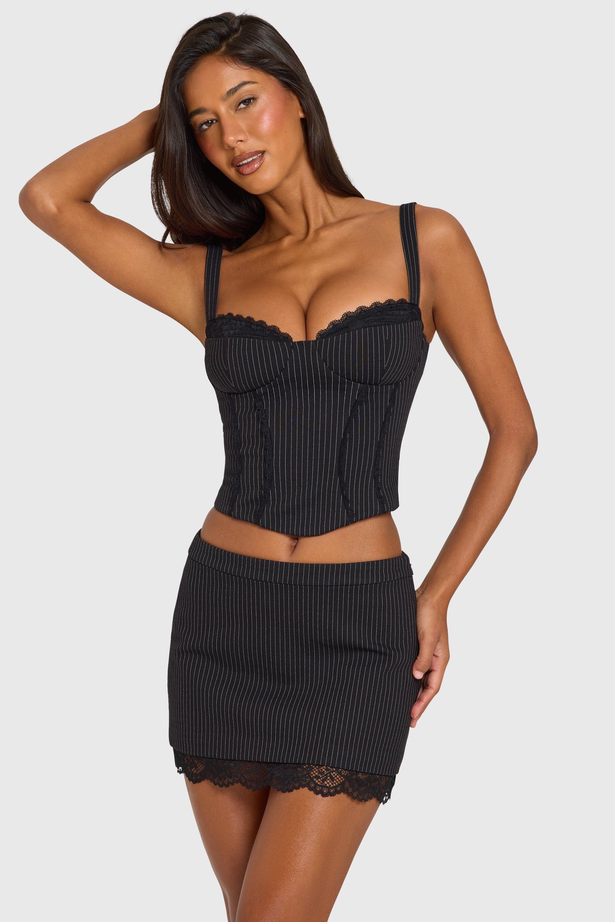 Chic Ponte Lace-Trim Peekaboo Corset Top in Black Pinstripe