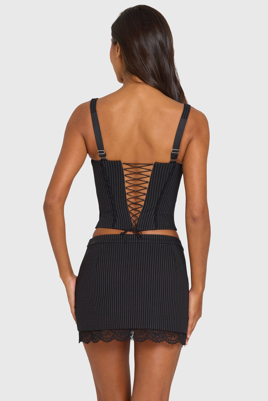 Chic Ponte Lace-Trim Peekaboo Corset Top in Black Pinstripe