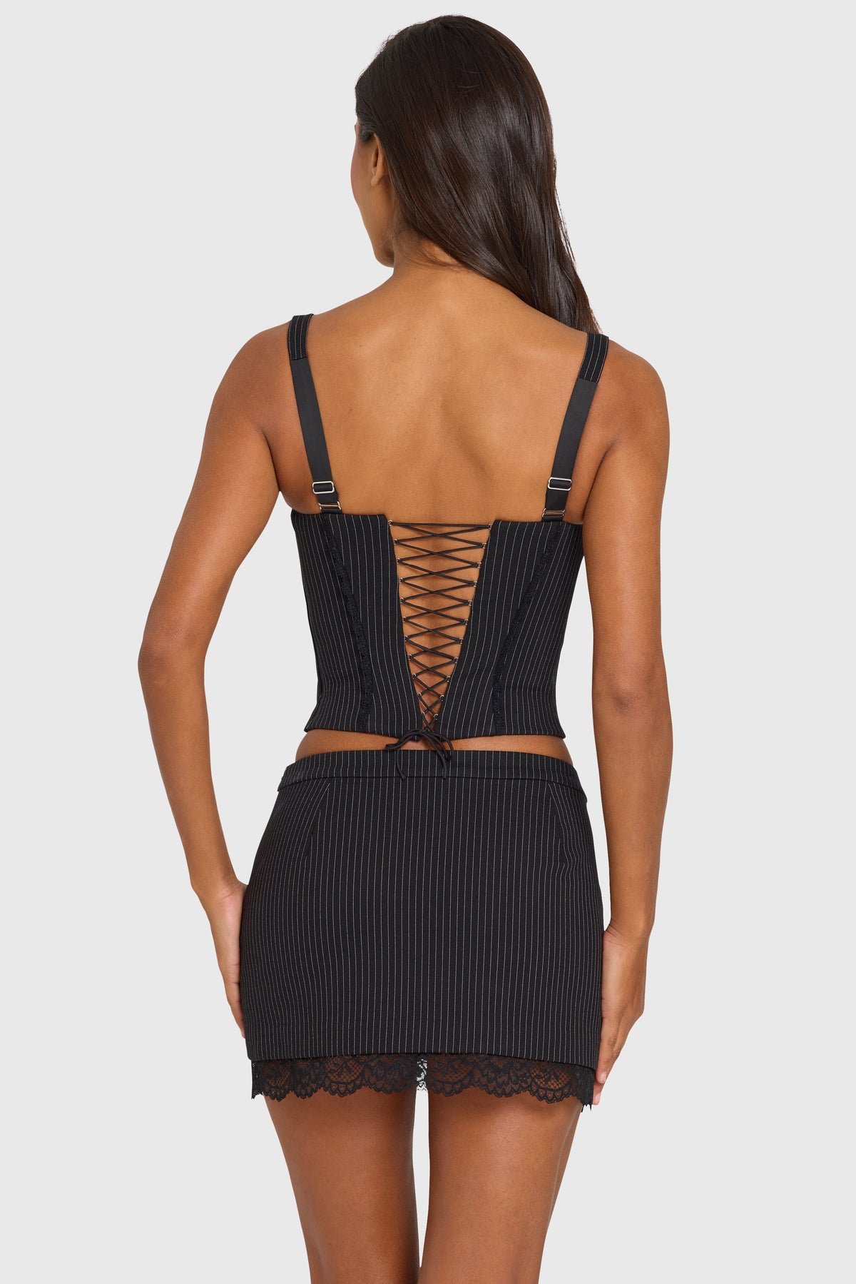 Chic Ponte Lace-Trim Peekaboo Corset Top in Black Pinstripe