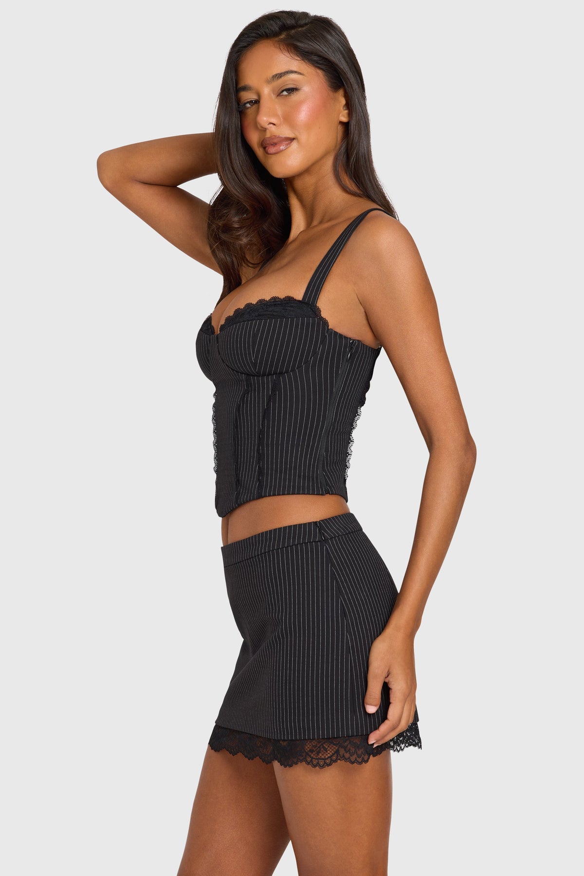 Chic Ponte Lace-Trim Peekaboo Corset Top in Black Pinstripe