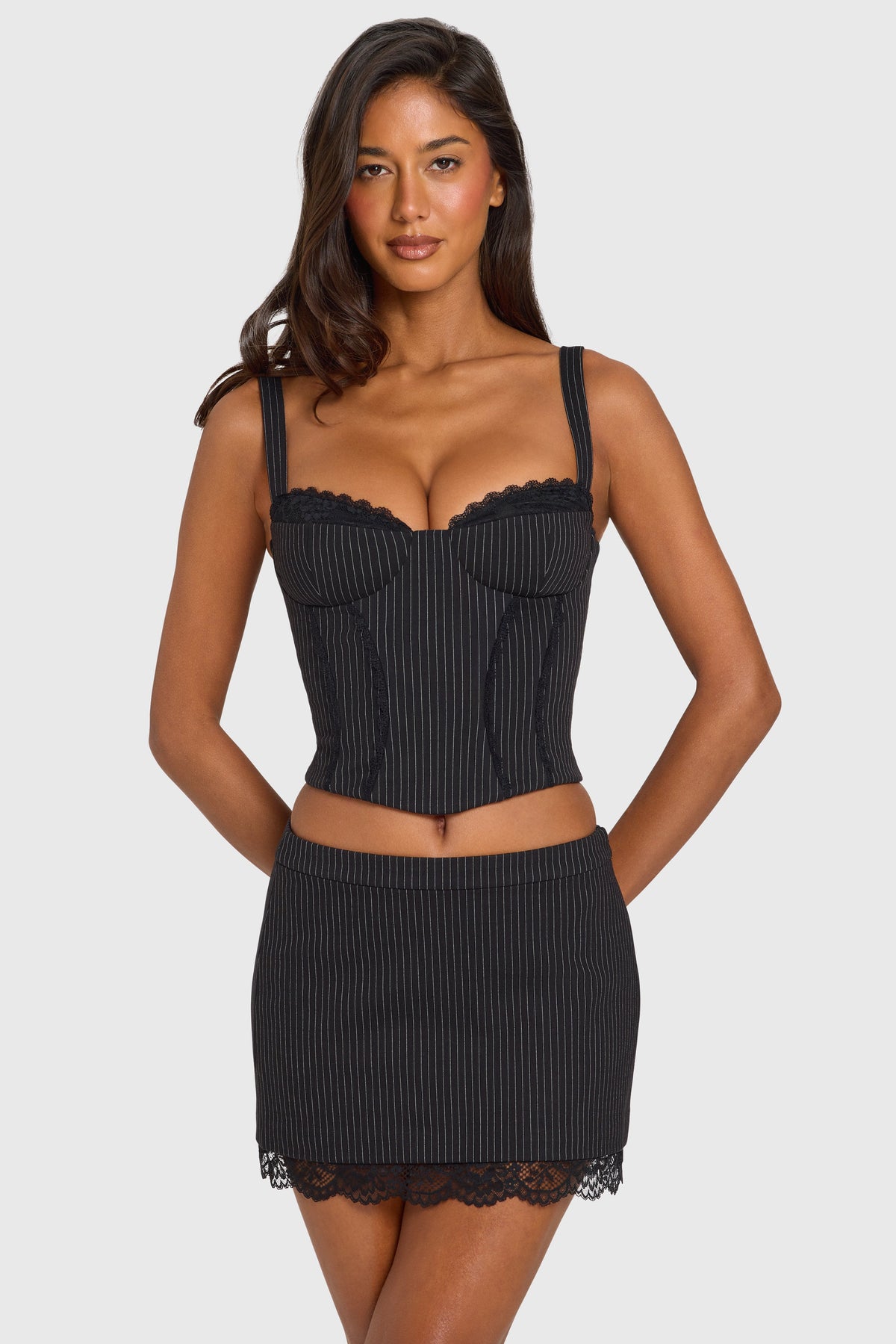 Chic Ponte Lace-Trim Peekaboo Corset Top in Black Pinstripe