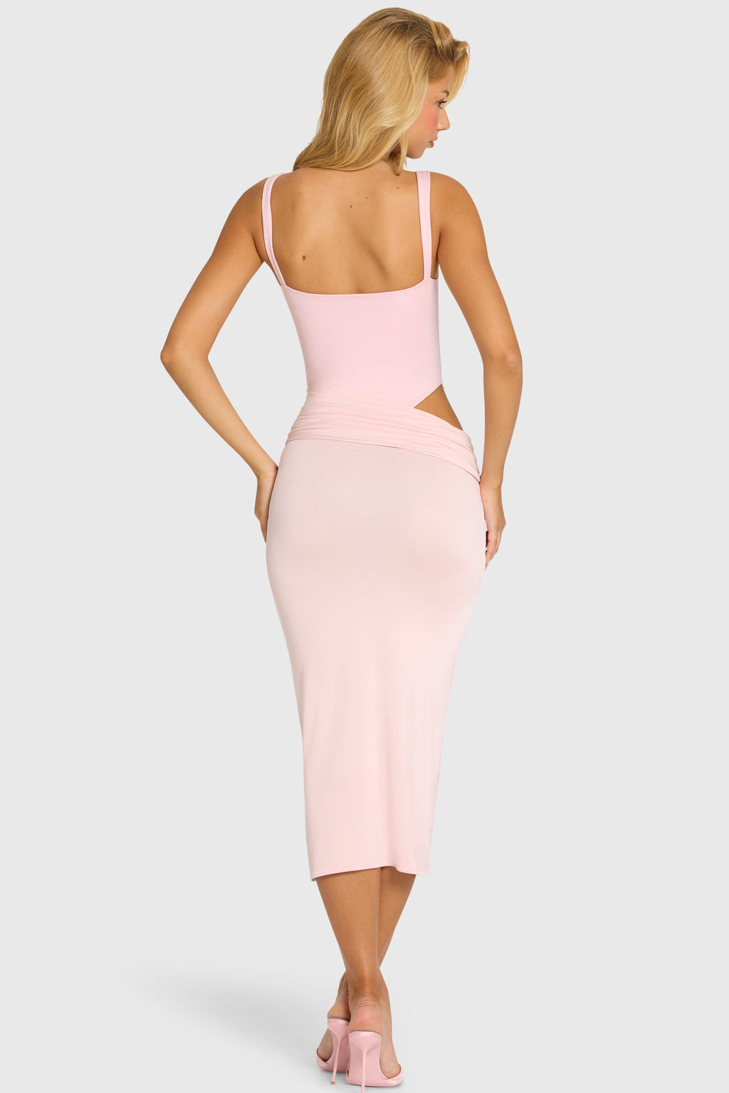 Chic Bodice Draped Midi Dress in Baby Pink