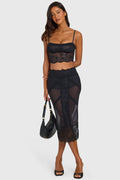 Chic Placed Lace-Trim Mid-Rise Midi Skirt in Black