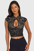 Chic Lace Cut-Out Crop Top in Black