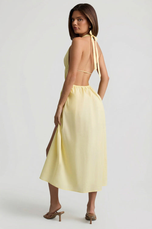 Chic Backless Cotton-Poplin Midaxi Dress in Lemon Yellow