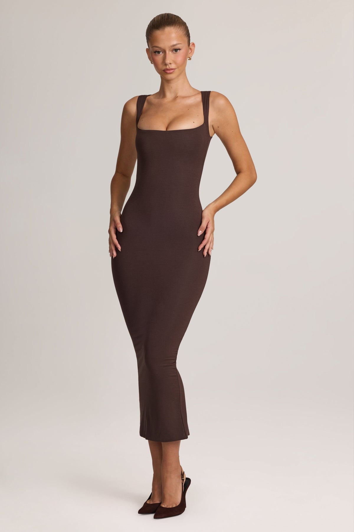 Chic Square Neck Midi Dress in Chocolate Brown