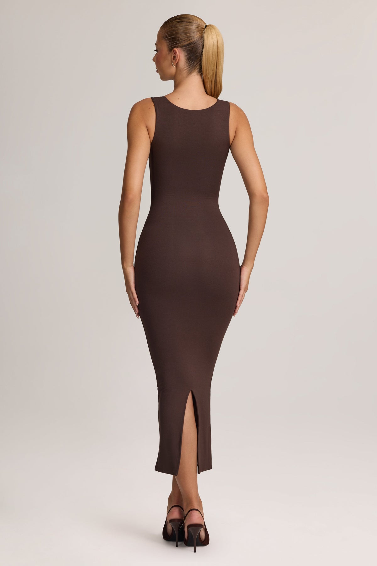 Chic Square Neck Midi Dress in Chocolate Brown