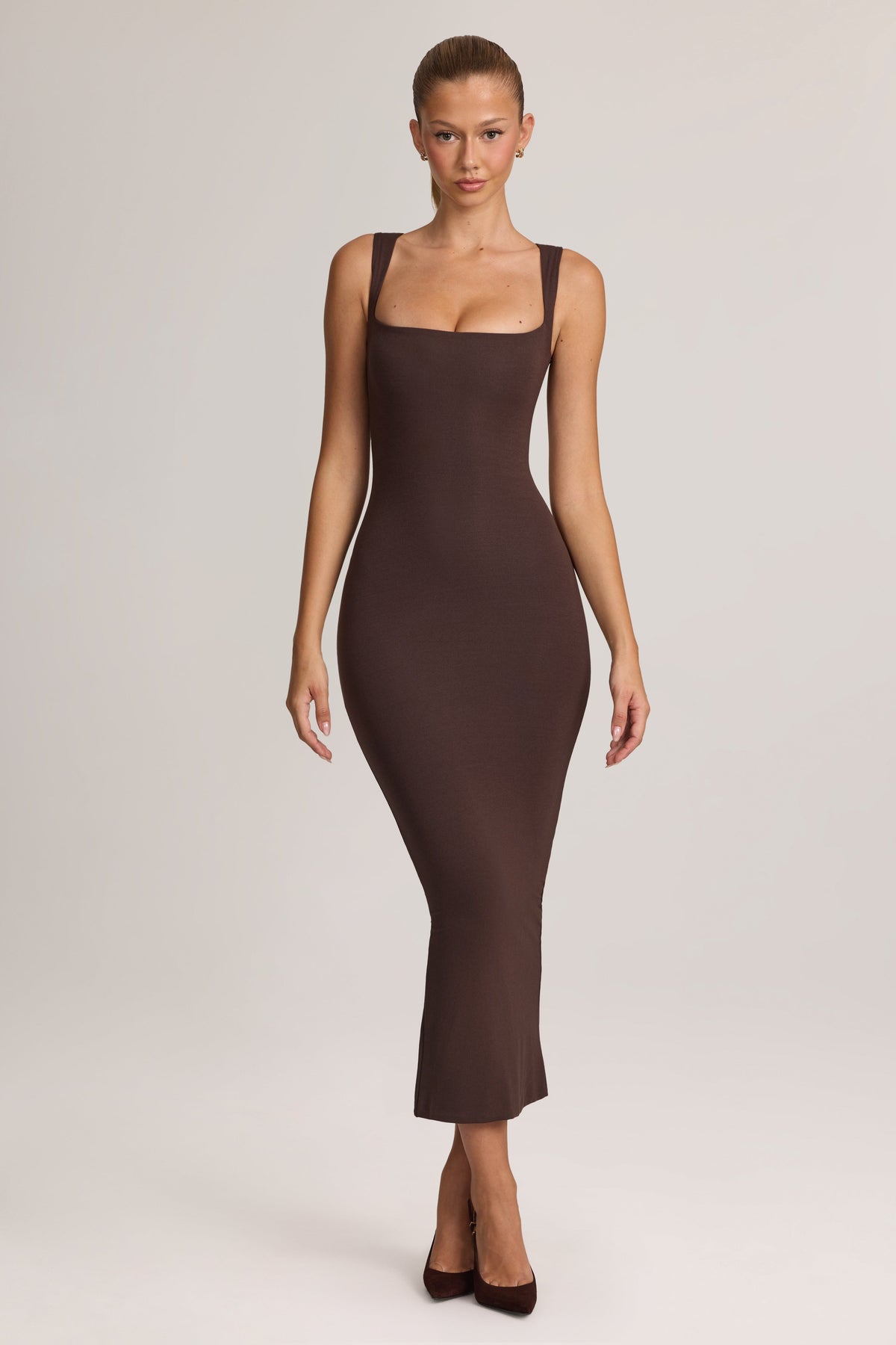 Chic Square Neck Midi Dress in Chocolate Brown