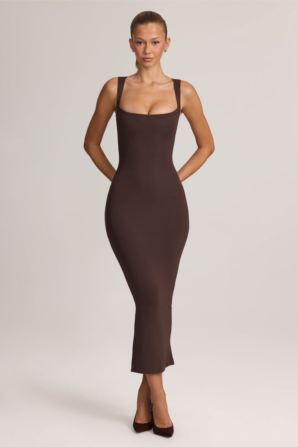 Chic Square Neck Midi Dress in Chocolate Brown