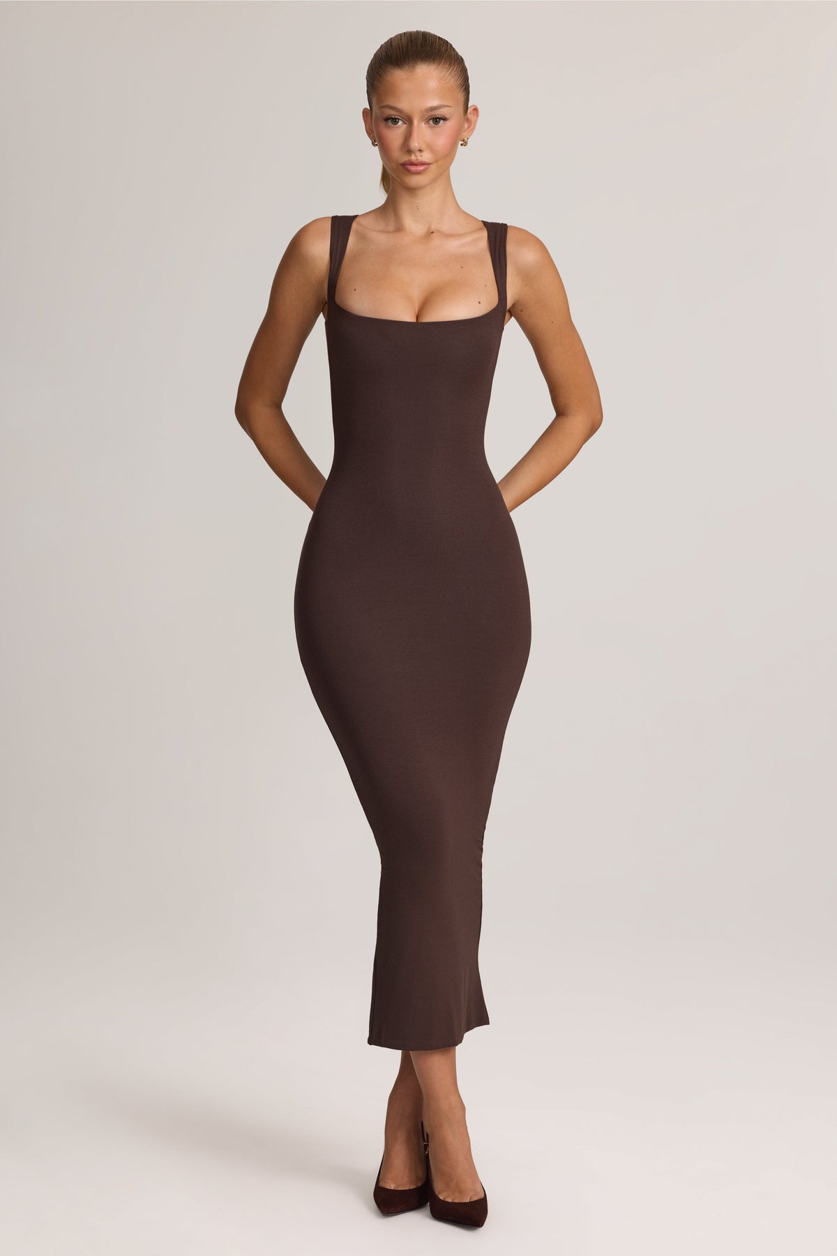 Chic Square Neck Midi Dress in Chocolate Brown