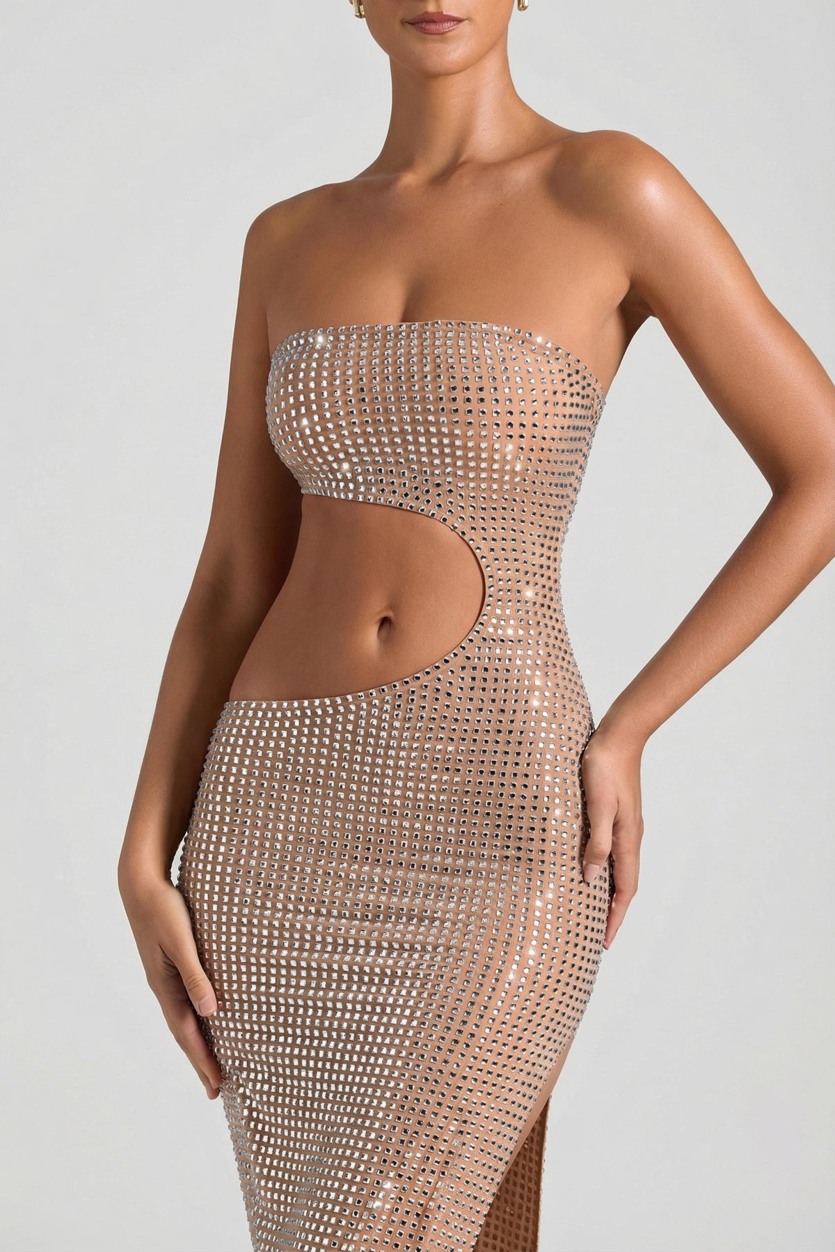 Chic Embellished Cut-Out Bandeau Maxi Dress in Honey
