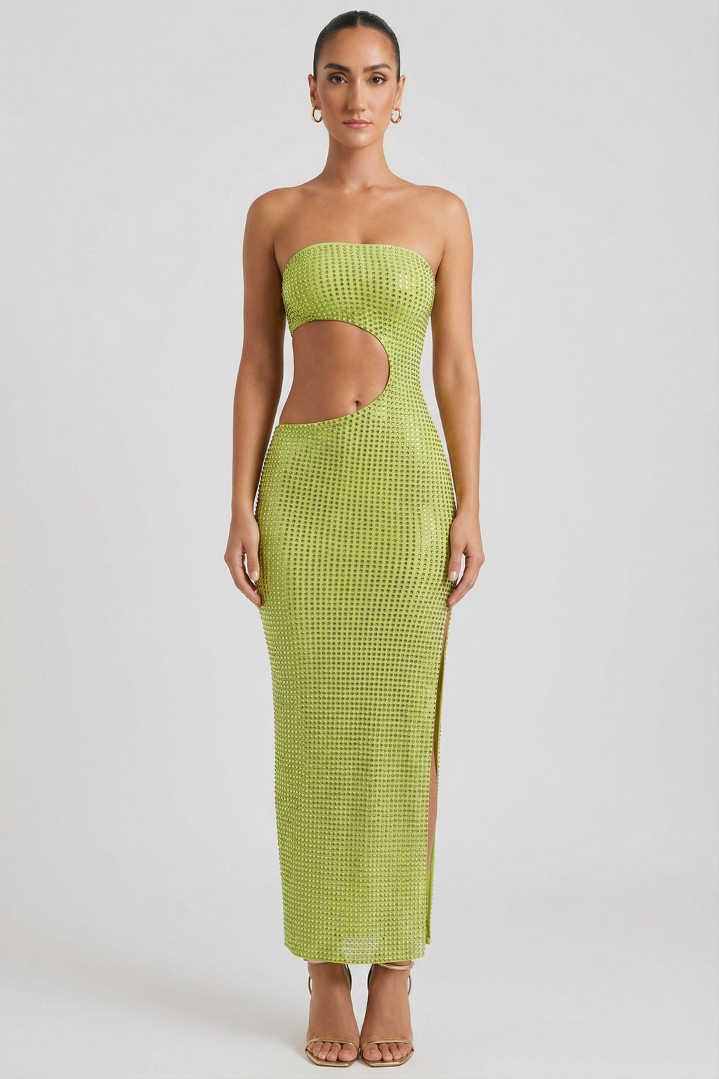 Chic Embellished Cut-Out Bandeau Maxi Dress in Apple