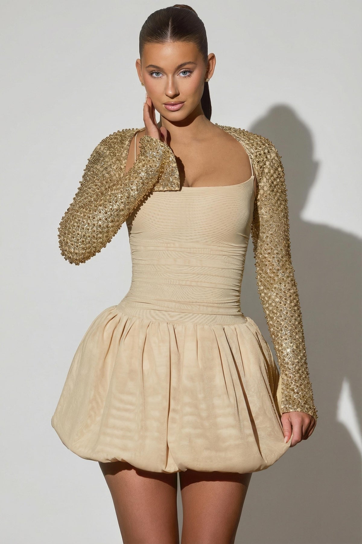 Chic Embellished Bubble Hem Mini Dress in Gold
