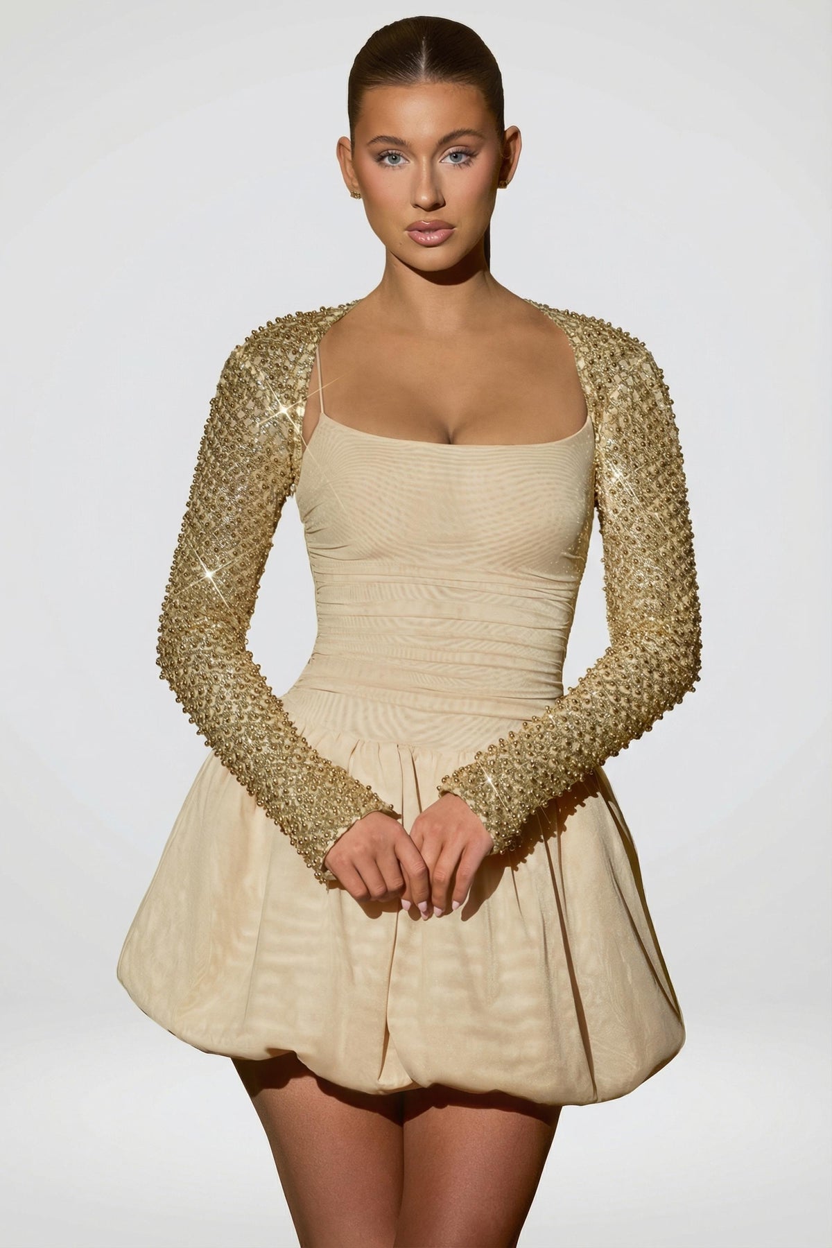 Chic Embellished Bubble Hem Mini Dress in Gold